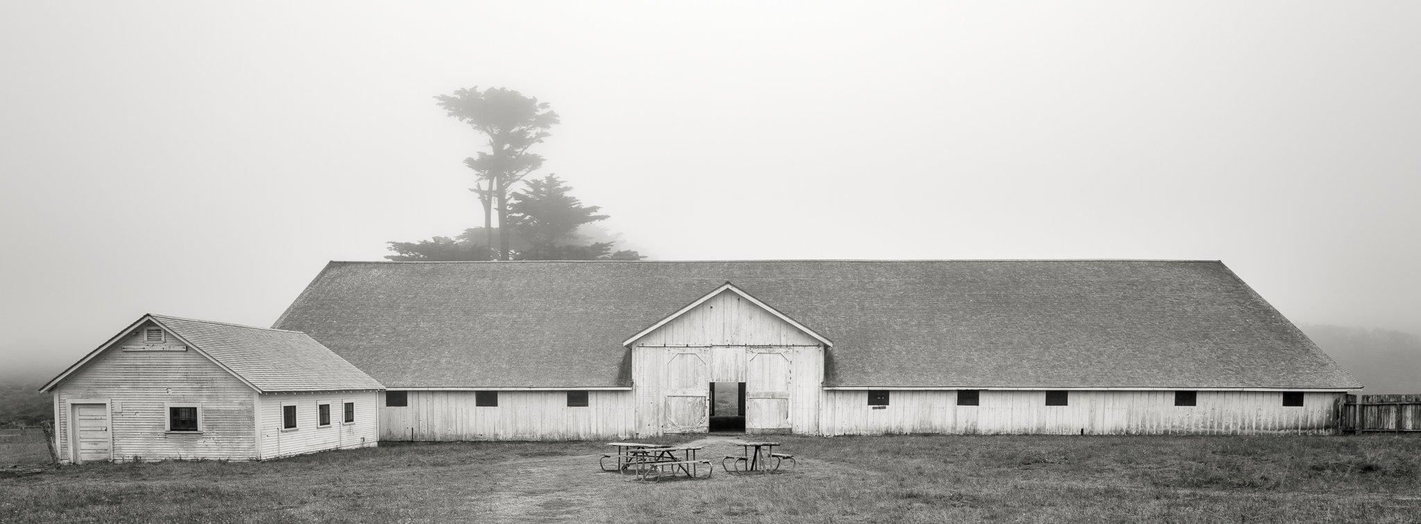 Fine art landscape photography print: Hay Barn in Fog