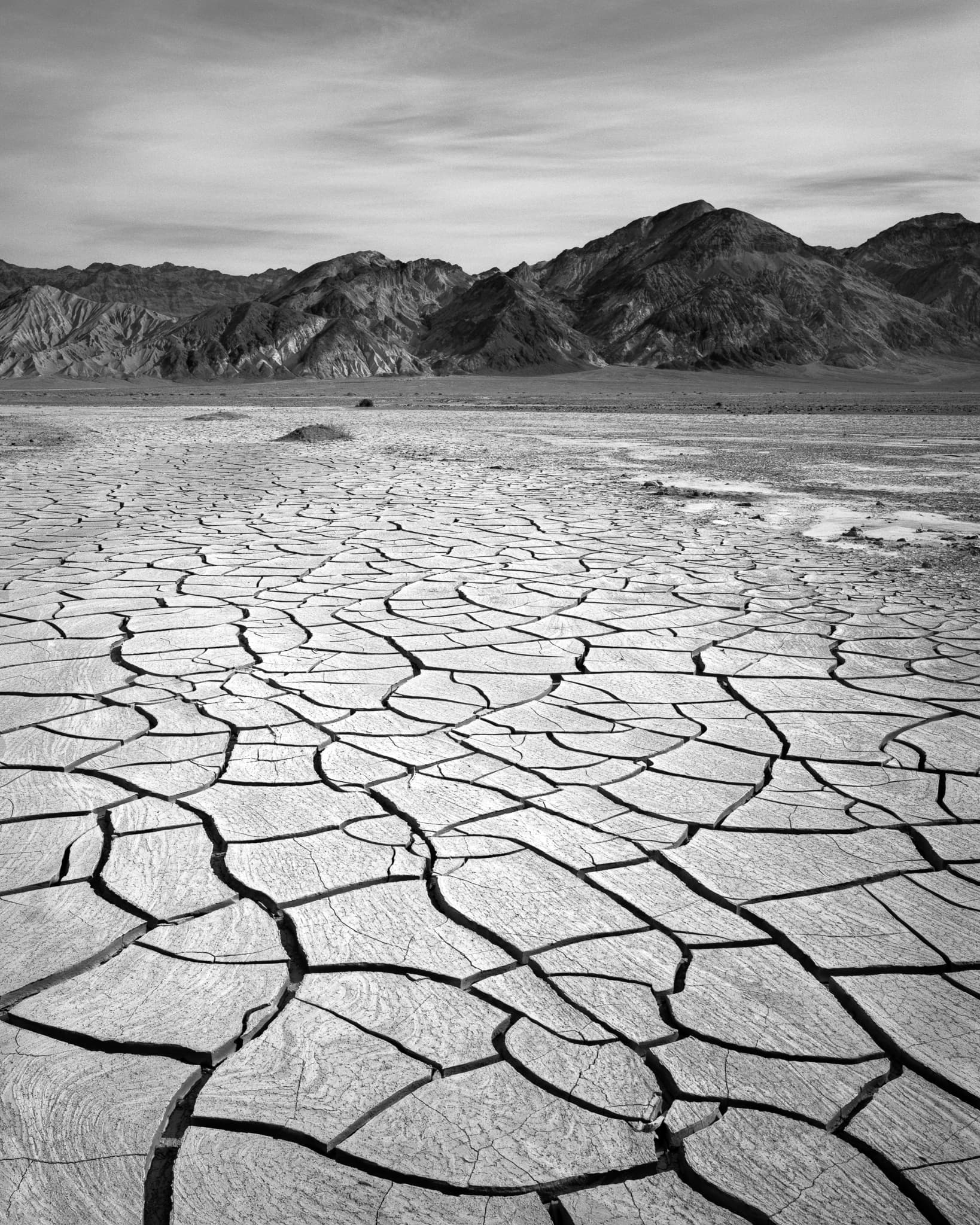 The cracked mud flats between Furnace Creek and the Black Mountains do something interesting in winter morning light, California. Photograph by Marty Quinn